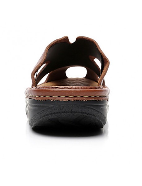 Men's Shoes summer Outdoor / Casual Leather Platform Slippers Black / Brown  