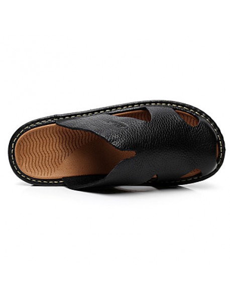 Men's Shoes summer Outdoor / Casual Leather Platform Slippers Black / Brown  