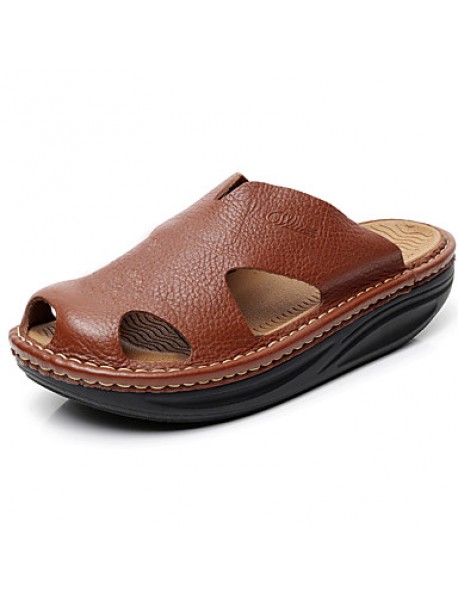 Men's Shoes summer Outdoor / Casual Leather Platform Slippers Black / Brown  