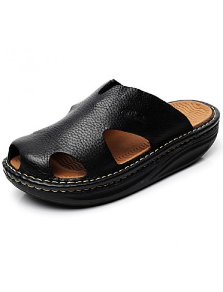 Men's Shoes summer Outdoor / Casual Leather Platform Slippers Black / Brown  